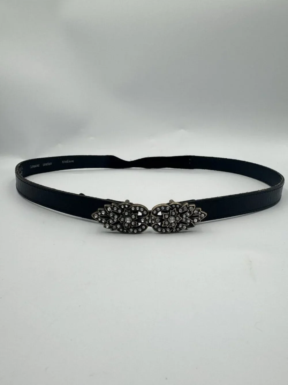 Fossil Black Stretch Leather Rhinestone Skinny Belt Medium